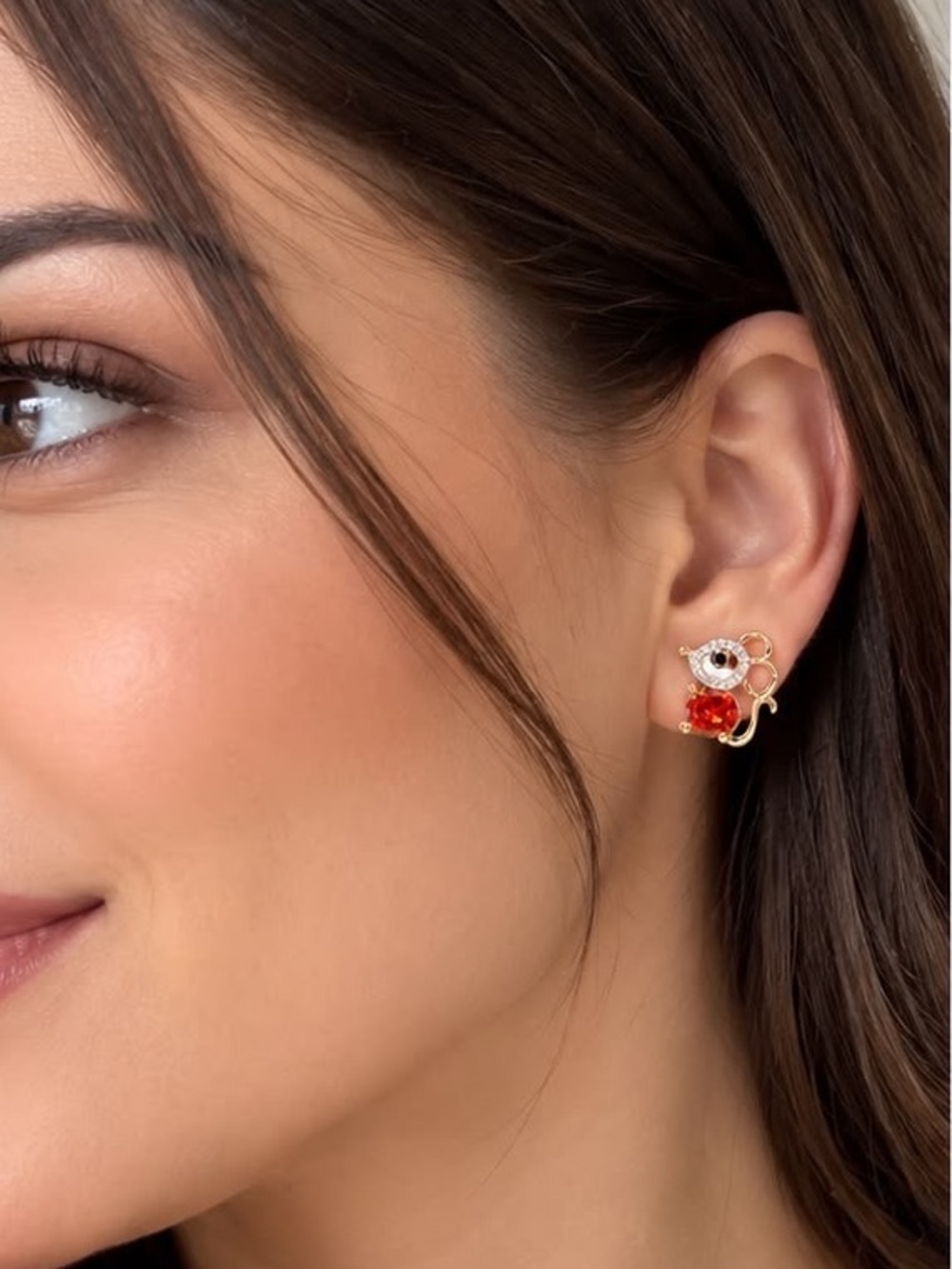 Gold Tone Mouse Stud Earrings with Red Crystal Accent